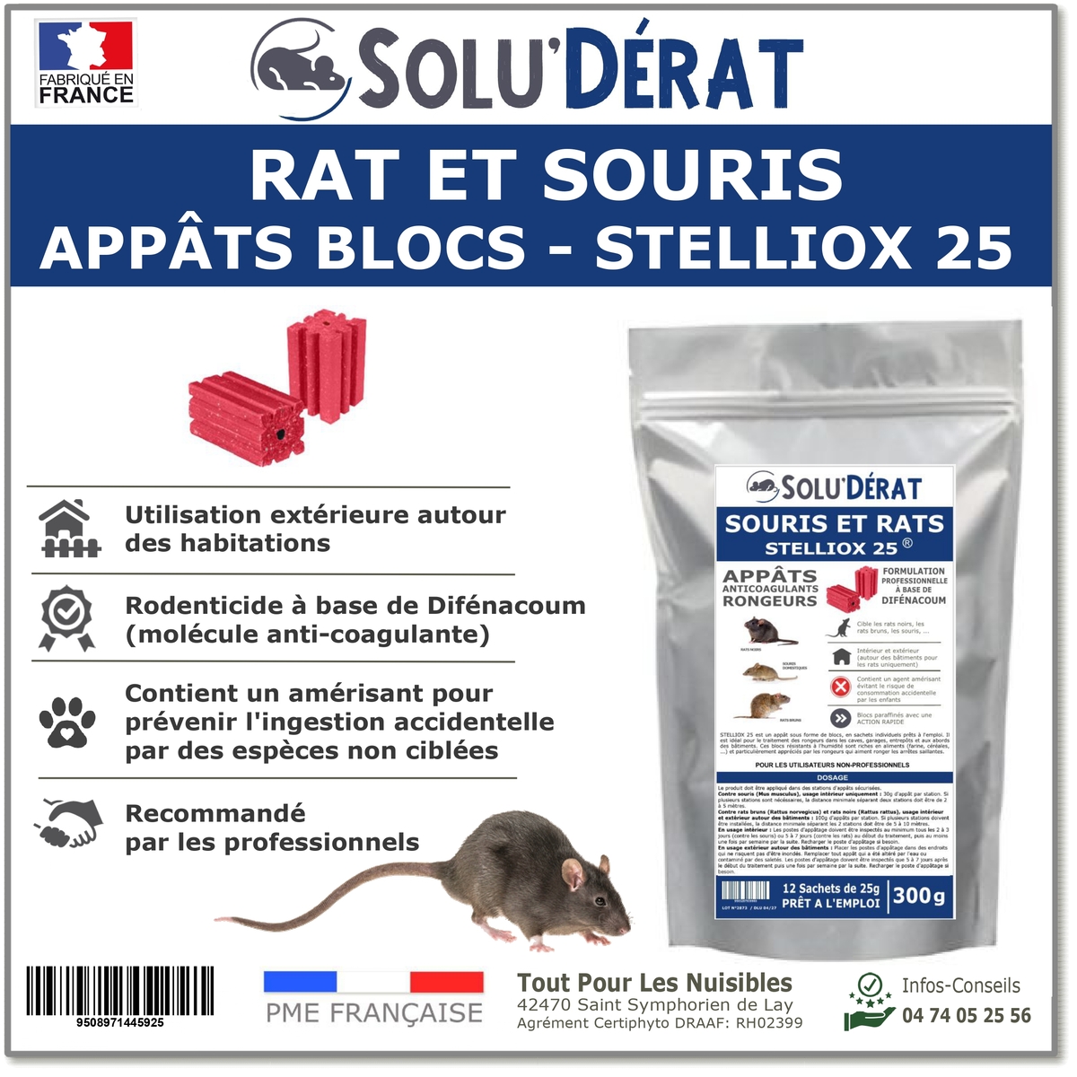 SOLU'DERAT - Appât Bloc Anticoagulant contre les rats et souris, Stelliox