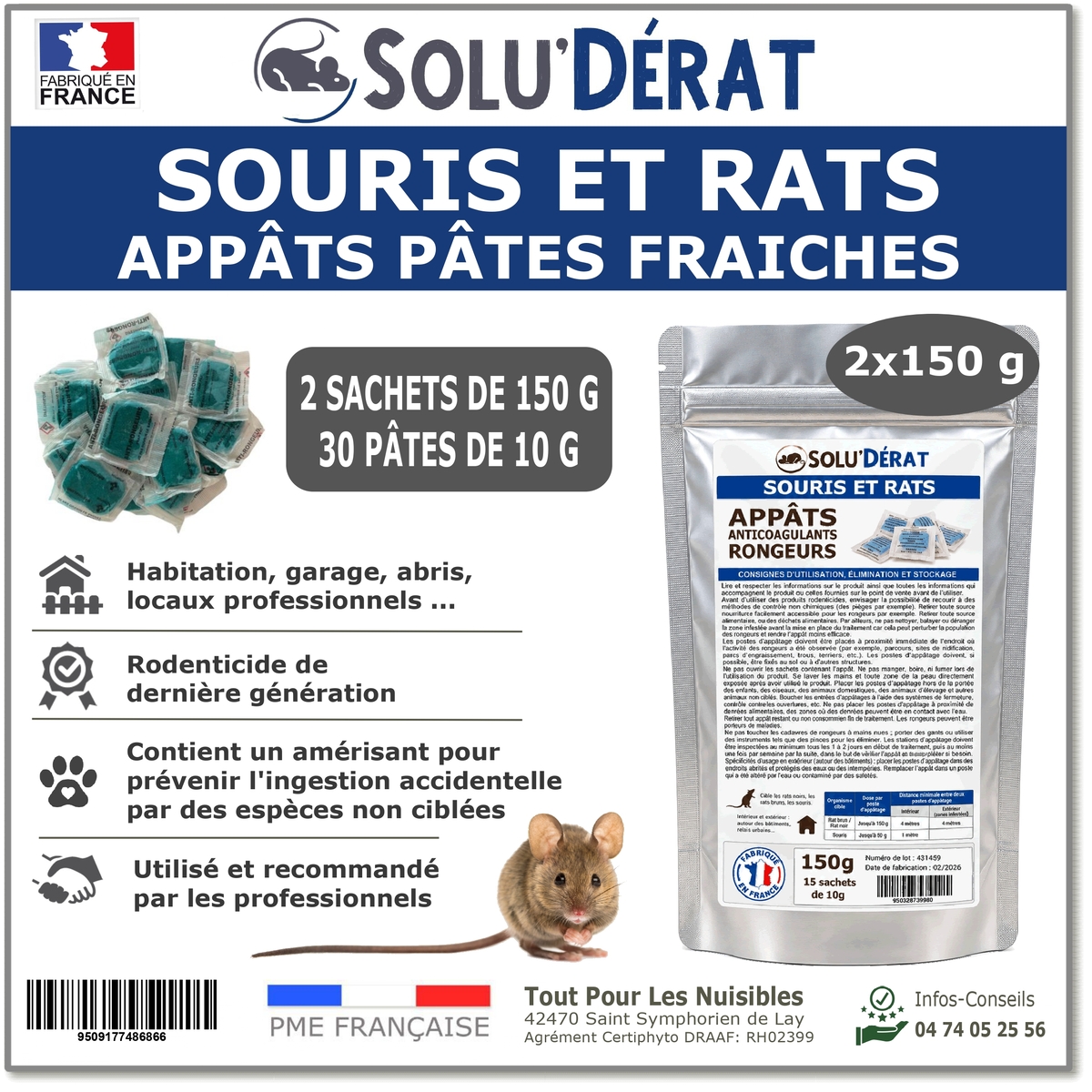 Solu'Dérat - Appât en pate fraîche rats et souris 150g
