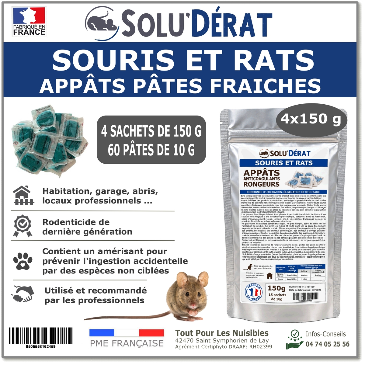 Solu'Dérat - Appât en pate fraîche rats et souris 4x150g