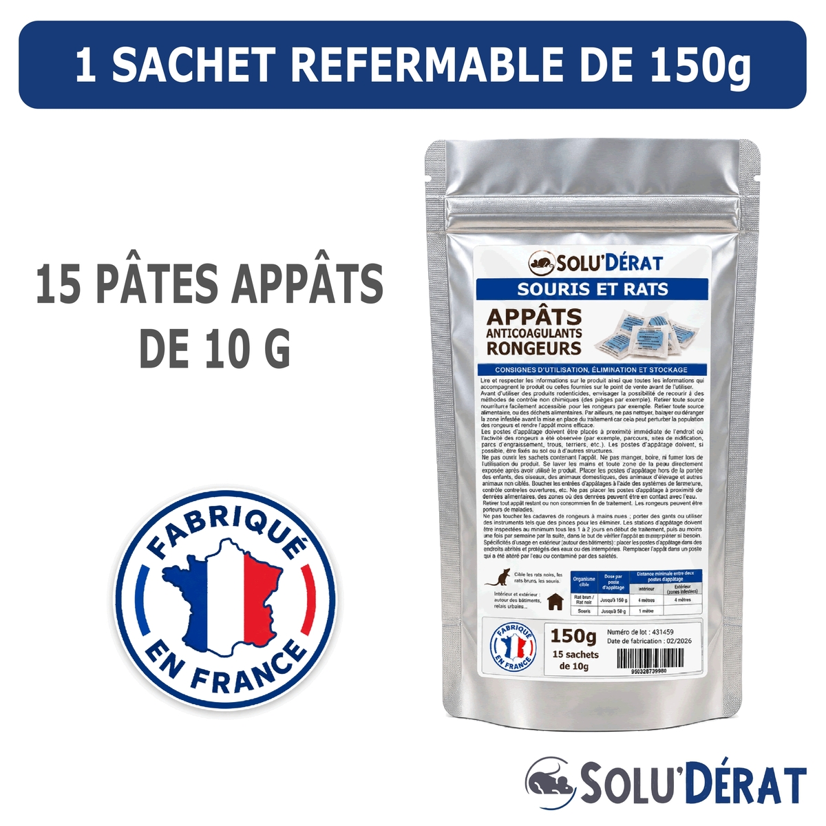 Solu'Dérat -  Sachet Appât en pate fraîche rats et souris 150g