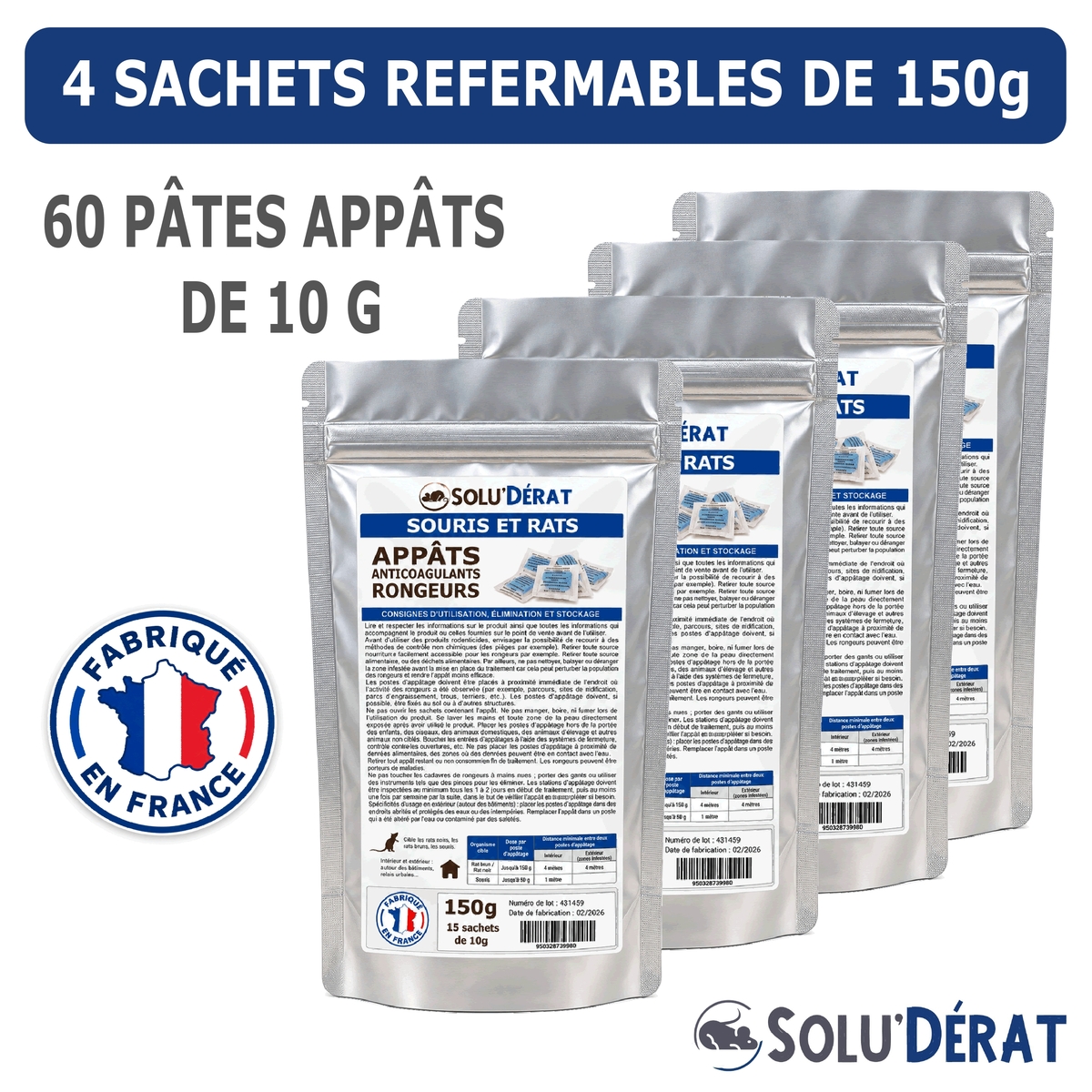 Solu'Dérat -  Sachet Appât en pate fraîche rats et souris 4x150g