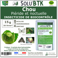 Insecticide BTK de biocontrôle contre la piéride et noctuelle du chou, SOLU'BTK - 15g