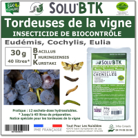 Insecticide BTK de biocontrôle contre les tordeuses de la vignes (Eudémis, Cochylis, Eulia), SOLU'BTK - 30g