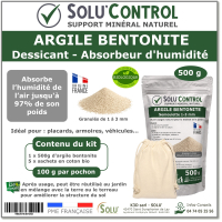 Argile Bentonite Naturelle – Dessiccant / Absorbeur d’Humidité – Solu'Control - 500g + sachet en coton