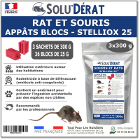 SOLU'DERAT - 3 sachets d'appât Bloc Anticoagulant contre les rats et souris, Stelliox - Sachet de 900 g