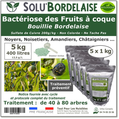 Bouillie Bordelaise Non Colorée spécial bactériose des fruits à coque, SOLU'BORDELAISE- 5 Sachets de 1kg