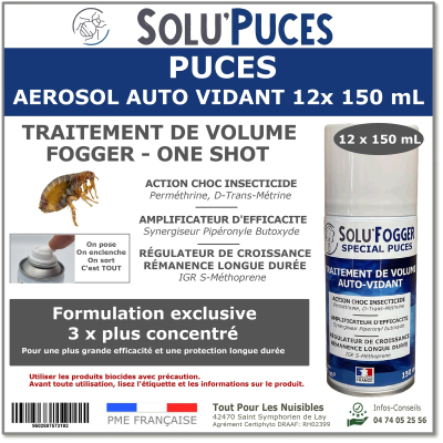 Insecticide fumigène, SOLU'PUCES spécial Puces - 12 AérosolS de 150ml