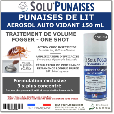Insecticide fumigène, SOLU'PUNAISES spécial Punaises de lit - Aérosol de 150ml
