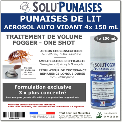 Insecticide fumigène, SOLU'PUNAISES spécial Punaises de lit - 4 AérosolS de 150ml