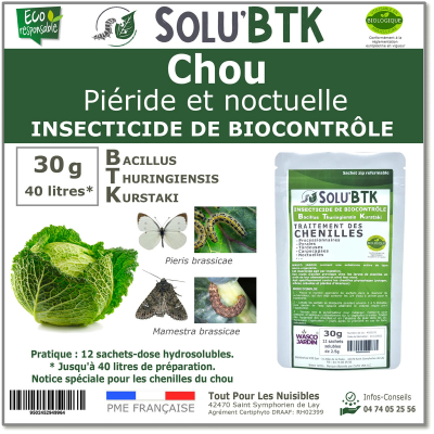 Insecticide BTK de biocontrôle contre la piéride et noctuelle du chou, SOLU'BTK - 30g