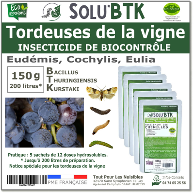 Insecticide BTK de biocontrôle contre les tordeuses de la vignes (Eudémis, Cochylis, Eulia), SOLU'BTK - 150g