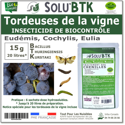 Insecticide BTK de biocontrôle contre les tordeuses des vignes (Eudémis, Cochylis, Eulia), SOLU'BTK - 15g