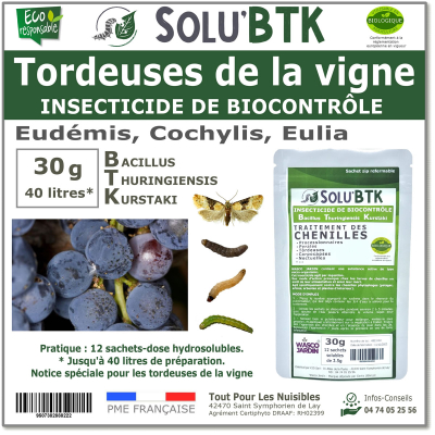 Insecticide BTK de biocontrôle contre les tordeuses de la vignes (Eudémis, Cochylis, Eulia), SOLU'BTK - 30g