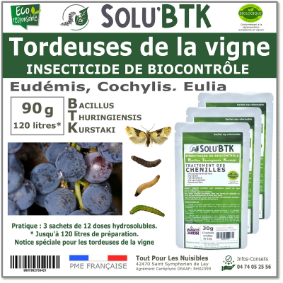 Insecticide BTK de biocontrôle contre les tordeuses de la vignes (Eudémis, Cochylis, Eulia), SOLU'BTK - 90g