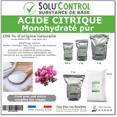 Acide citrique monohydraté pur - 100% d'origine naturel - Nettoyer, détartrer, raviver l'inox et corriger le pH