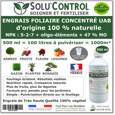 Engrais foliaire 100% naturel, Solu'Control - Flacon de 500ml