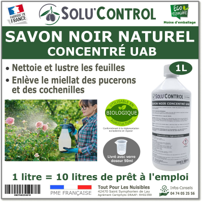 Savon Noir Naturel, Nettoyant feuilles et miellat - pucerons - cochenilles, Concentré UAB Solu'Control - Flacon de 1L
