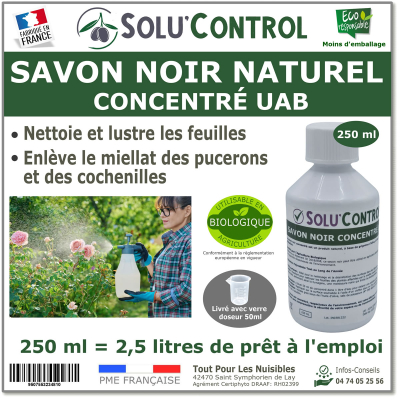 Savon Noir Naturel, Nettoyant feuilles et miellat - pucerons - cochenilles, Concentré UAB Solu'Control - Flacon de 250 ml