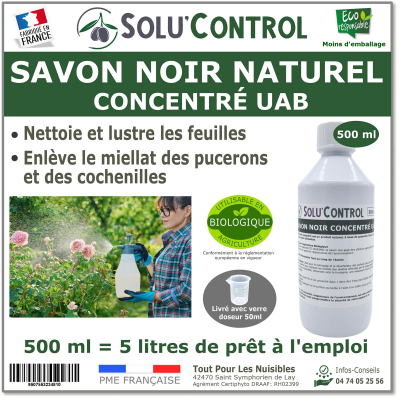 Savon Noir Naturel, Nettoyant feuilles et miellat - pucerons - cochenilles, Concentré UAB Solu'Control - Flacon de 500 ml