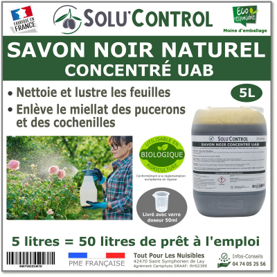 Savon Noir Naturel, Nettoyant feuilles et miellat - pucerons - cochenilles, Concentré UAB Solu'Control - Bidon de 5L