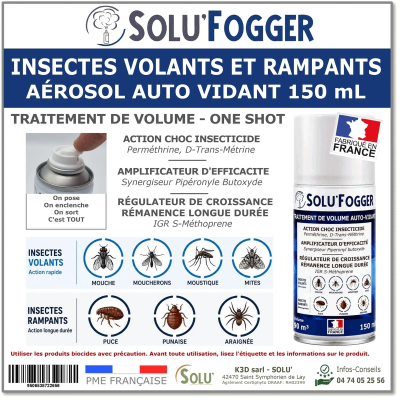 SOLU'FOGGER – Insecticide fumigène auto-vidant One Shot contre les insectes volants et rampants – Aérosol 150 ml